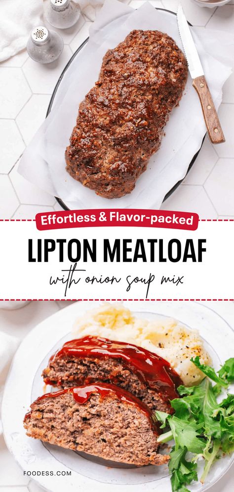 Weekend dinner dilemma solved! This Lipton Meatloaf recipe delivers classic comfort food with just 5 ingredients and 3 simple steps. The secret weapon? A packet of Lipton onion soup mix that seasons the meatloaf to perfection, saving you time and guesswork. Enjoy juicy, flavorful meatloaf slices with mashed potatoes and green beans for a family-friendly dinner. This meatloaf recipe is perfect for weeknights, holiday gatherings, or whenever you crave a taste of nostalgia. Full recipe on my blog! Lipton Meatloaf Recipe, Lipton Meatloaf, Onion Soup Mix Meatloaf, Flavorful Meatloaf, Lipton Onion Soup Meatloaf, Mashed Potatoes And Green Beans, Onion Soup Mix Recipe, Leftover Meatloaf, Meatloaf Sandwich