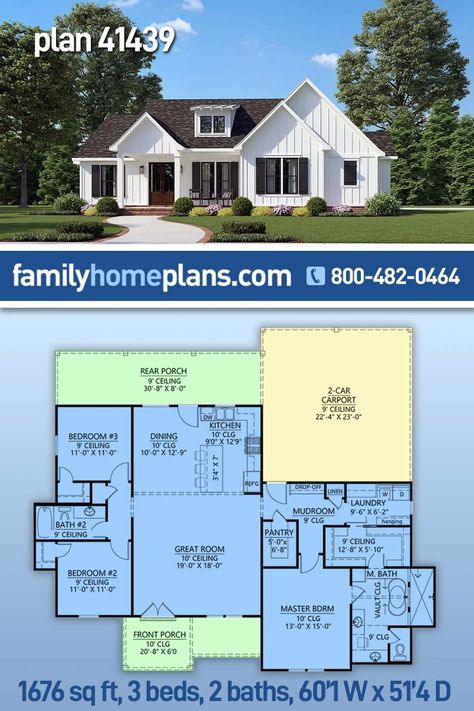 1700 Sq Ft House Plans, American Style House, 2 Car Carport, Craftsman Farmhouse, House Plans One Story, Beach Bungalow, Country Craftsman, Building Plans House, Farmhouse Style House Plans