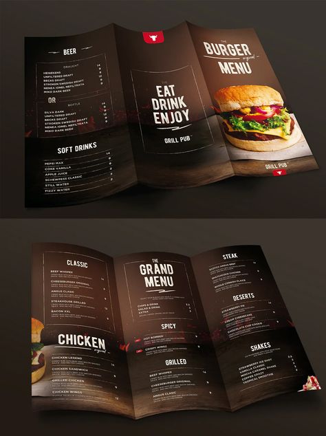 Burger Menu Trifold Brochure Template PSD Burger Pictures, Menu Trifold, Burger Place, Restaurant Grill, Restaurant Brochures, Beer Burger, Beer Drinks, Burger Menu, Burger Places