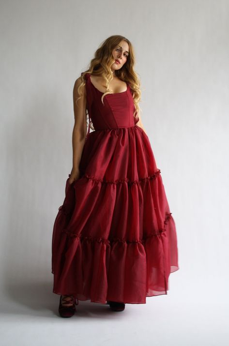 The Siena Gown in Scarlet Red Red Whimsical Dress, Red Formal Dress With Sleeves, Red Flowing Dress, Winter Formal Gown, Flattering Dresses For Curvy Women, Red Fantasy Dress, Corset Bodice Dress, 3 Tier Dress, Scarlet Red Dress