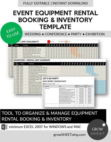 Wedding - Party - Ceremony Event Rental Business Booking and Inventory Management Template is an Excel spreadsheet to record, track and manage your equipment rental business. Wedding is the most common event where almost all equipment in the event are rented from rental companies. Common rental equipment are : - Cooking tool or catering set - Tents, tables and chairs - Landscaping - Decoration, sound system and lighting - Costumes - Furniture Birthday parties or ceremony events also require some Event Rentals Showroom, Inventory Management Templates, Event Venue Business, Event Rental Business, Party Rentals Business, Event Space Rental, Inventory Template, Party Planning Business, Rental Business