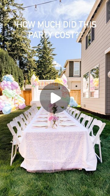 Tina | Seattle Blogger on Instagram: "UNICORN THEME BIRTHDAY PARTY! 🦄✨🍭💜 Comment SHOP to get a link to all of my party decor and supplies sent to your DMs! Balloons and backdrop by @eventsbyjuna.

Many of you have been asking how much my daughter’s 4th birthday party was so here’s the breakdown! It was for about 50 adults and 25 kids.

Ballons & backdrops: $1000
Party favors: $95.73
Kids tables & chairs rental: $72.93
Kids table decor: $62.89
Cake + cake topper: $114.78
Face painting & ballon twisting: $350
DIY piñata ($1) and candy: $20
Vermicelli bowl bar ($80 food, $30 bowls):$110
Other food & drinks: $590

GRAND TOTAL: $2416.33

A party like this would probably cost someone $5K but because I already have so many party supplies (like my own bounce house) and do tons of DIYs and cook Unicorn Table Set Up, Birthday Hacks Decoration, Bounce House Decor, Yard Birthday Party Ideas, Diy Kids Party Table, Kids Backyard Birthday Party, January Birthday Party Ideas, Kids Table Decor, Ballon Twisting