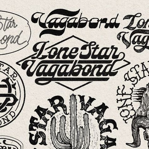 Wak Jay Creative Studio on Instagram: "Lone Star Vagabond, Black Version Design Concept 🌵  . #wakjaystudio  Available for commissions  DM or Email me In bio for a project. Thank you 🤙🏻 . #appareldesign #logotype #hancrafted #clothing#texas #southern #adventuretravel #branded #branding #arizona #designlogo#cactuscreek #brand #arizona🌵 #vintagelogo #ranch #logobranding#rodeo #brandingdesign #creek #letteringdesign#vintageapparel #vintagecustom #cowgirl #company #cowboy #brandidentity" Ranch Branding Design, Vintage Branding Design, Western Branding, Rodeo Design, Western Logo, Rustic Logo, Western Font, Cowboy Aesthetic, Twitch Overlay