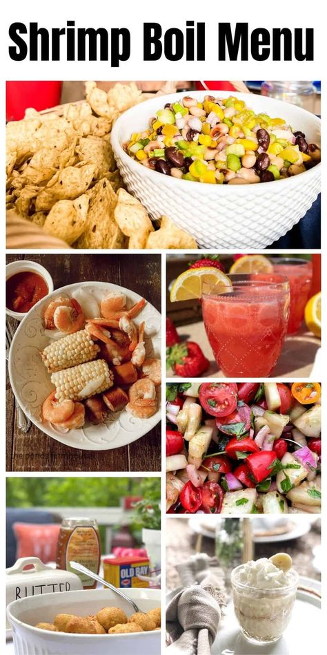 Are you hosting or going to a low country boil? These delicious recipes pair perfectly with the savory shrimp, sausage, corn & potatoes! We've got ideas for everything from a cookout appetizer to a refreshing summer cocktail, summer potluck side dishes, and a classic southern dessert. Find out everything you need to host a shrimp or crawfish boil including how long everything gets cooked and all the equipment you'll need. Follow us and subscribe for more entertaining ideas and inspiration. Low Country Boil For A Crowd, Sides For A Low Country Boil, Low Country Shrimp Boil Recipe, Crab Boil Appetizers, Seafood Cookout Ideas, Low Country Boil Side Dishes, Crawfish Boil Appetizers, Shrimp Boil Party Sides Appetizers, What To Serve With Low Country Boil