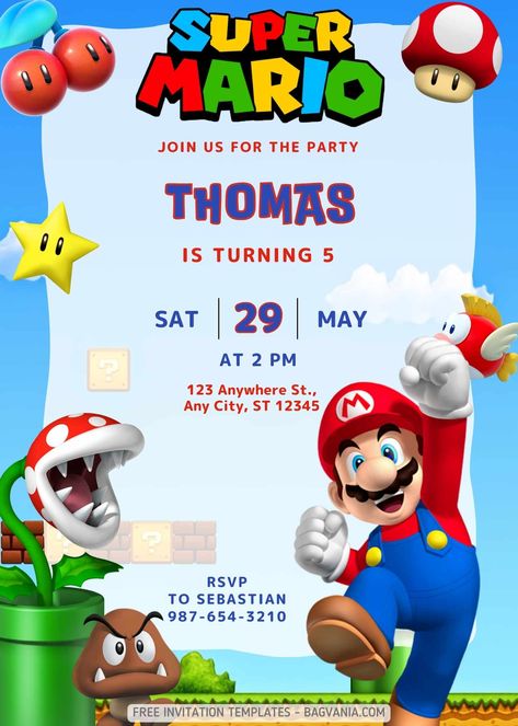 Download FREE Super Mario Bros. Birthday Invitation Templates #free #freeinvitation2019 #birthday #disney #invitations #invitationtemplates Super Mario Digital Invitations, Super Mario Party Invitations Free, Super Mario Invitation Template, Mario And Luigi Birthday Invitations, Super Mario Template, Super Mario Birthday Invitation Template, Mario Party Invitations Free, Mario Invitations Printable Free, Free Super Mario Invitations