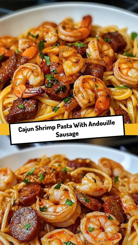 Savor the bold flavors of Cajun shrimp, spicy Andouille sausage, and creamy Parmesan sauce in this irresistible pasta dish.  Ingredients:  12 oz penne or fettuccine pasta 1 lb large shrimp, peeled and deveined 8 oz Andouille sausage, sliced 1 cup heavy cream Creamy, spicy, and loaded with succulent shrimp and savory sausage, this Cajun pasta dish delivers a satisfying kick with every bite! Cajun Shrimp And Sausage Fettuccine, Dinners With Andouille Sausage, Shrimp And Italian Sausage Pasta, Shrimp And Andouille Sausage Pasta, Easy Shrimp And Sausage Recipes, Recipes Using Andouille Sausage, Cajun Shrimp Pasta Alfredo, Shrimp And Sausage Alfredo, Sausage And Shrimp Pasta