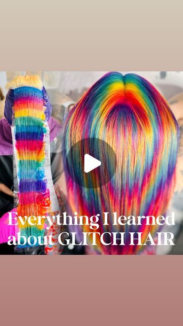 581K views · 6.5K likes | Sydney Lopez 🌈 Rainbow Hair Edu 🌈 Social Stagies on Instagram: "The most comprehensive how-to video you’ll be able to save on “Glitch Hair” #glitchhair #goodhairdaybysydlopez   ⚡️start with a backdrop (a more solid perimeter section that will act as a backdrop to the glitch hair that you’ve created through the crown)   ⚡️ warn your client that their hair will be in front of their face for several hours… Then get to work!  ⚡️ work in a rainbow order. Take 1/8 inch slices through the glitch section and paint two sections the same, the. start each following section with the next color in the rainbow…   🌈 brought to you by Goldwell Elumen Play… blended by hand and custom mixed   ⚡️use @qualitytouchfoil balayage films (which can be torn at the desired length) to cre Glitch Hair, Color Formulations, Goldwell Elumen, Pinwheel Hair Color, Ice Cold Water, The Glitch, Rainbow Hair Color, Rainbow Order, Creative Colour