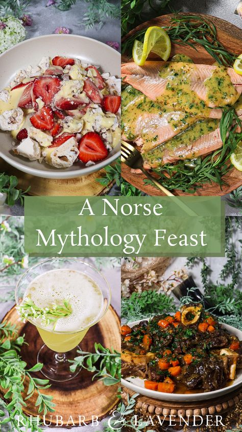 Celebrate Norse Mythology by going on a culinary adventure with these lavish recipes. This recipe series takes inspiration from the gods and goddesses of Vanaheim for each recipe. You can prepare individual recipes to honour your favourite god or goddess, or prepare the entire decadent feast for a Norse Mythology inspired dinner party! Nordic Dinner Recipes, Mabon Feast Ideas, Dwarven Recipes, Hobbit Food Recipes Middle Earth, Traditional Pagan Recipes, Druid Recipes, Fantasy Dinner Recipes, Viking Food Party, Medevil Food Recipes