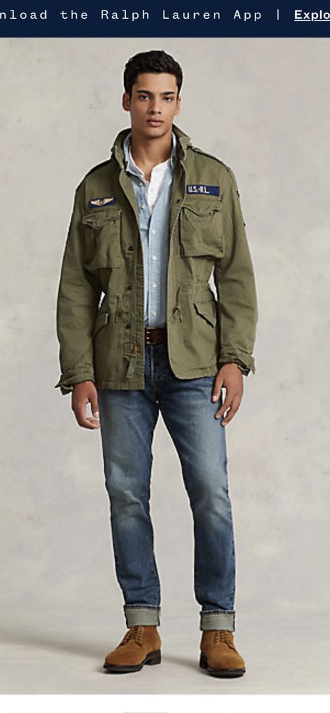 Military Green Jacket Outfit, Military Jacket Outfit Men, Cargo Jacket Outfit, Military Jacket Outfits, Green Jacket Outfit, Green Jacket Men, Military Jacket Green, Olive Jacket, Parka Style