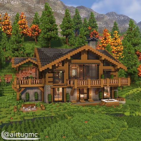 Minecraft Log Cabin Blueprint, Minecraft Hilltop House, Minecraft Lakeside Cabin, Minecraft Wood Mansion, Minecraft Log House, Minecraft Mountain House Interior, House In Minecraft Ideas, Spruce Cabin Minecraft, Cabin Minecraft Houses