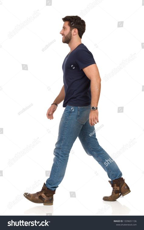 Man is walking in jeans and blue t-shirt, looking away and smiling. Side view. Full length studio shot isolated on white. #Ad , #AD, #shirt#smiling#Side#blue Walking From Side Reference, Side Walking Reference, Men Side View Reference, Walking Side Profile Drawing, Male Walking Pose Reference, Walking Profile Reference, Side View Full Body Drawing Reference, Walking Pose Reference Drawing Side, Side Profile Full Body Reference Male Drawing