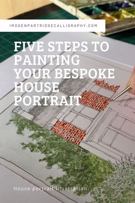 Watercolour House Portrait, How To Paint Watercolor Houses, Watercolor Of House, Watercolor House Portrait Tutorial, House Portrait Drawing, Watercolor Art House, Watercolor Homes, Watercolour House Painting, Painted Architecture