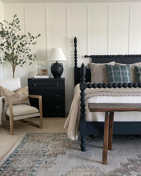 Black Rustic Bedroom Furniture, Hemming Bed Anthropologie, Open Layout Small House, Black Spindle Bed Master Bedrooms, Black Wood King Bed, Upulstored Headboard, Neutral Guest Room Ideas, Black Bed Master Bedrooms Decor, One Night Stand Bedroom Ideas