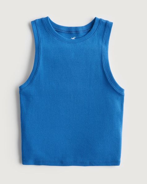 Women's Ribbed High-Neck Tank | Women's Tops | HollisterCo.com Hollister Tank Tops, Rib Fabric, High Neck Tank, Summer Tank Tops, Blue Tank Top, Ribbed Tank Tops, H&m Women, Striped Tank Top, Hollister Tops