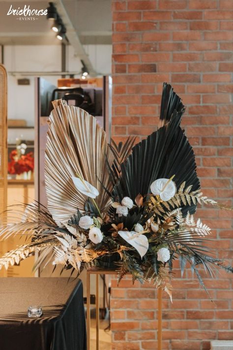 Brick House Group provides full wedding planning, corporate event, parties with event catering, event space, and cafes in Malaysia Gatsby Event Decor, Palm Leaf Centerpiece, Gala Centerpieces, Pampas Decor, Gatsby Event, Year End Party, Grass Centerpiece, Gatsby Party Decorations, Great Gatsby Art