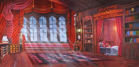 Captain's Quarters Professional Scenic Backdrop - 	From Captain Hook to Anne Bonnie, this richly decorated captain's quarters is the perfect intimate setting for your next high seas adventure! https://www.theatreworldbackdrops.com/3455/captain's-quarters-backdrop #peterpan #pirates #captainhook #backdrop #scenic #handpainted #theatreworld Pirate Captains Quarters, Pirate Ship Captains Quarters, Captain Quarters, Pirate Background, Mythical Jewelry, Fantasy Pirate, Project Graduation, Captain's Quarters, Pirate Room