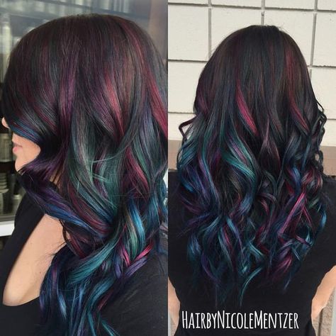 Oil Slick Peekaboo Hair color idea Mermaid Oil, Oil Slick Hair Color, Galaxy Mermaid, Oil Slick Hair, Peekaboo Hair Colors, Ariel Hair, Peekaboo Hair, Fesyen Rambut, Real Human Hair Extensions