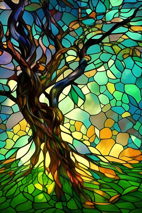 Beautiful, colorful, faux stained glass image of a gnarled tree Trees Stained Glass Patterns, Tree Stained Glass Window, Stained Glass Tree Patterns, Tree Stained Glass Pattern, Diy Painting Canvas For Beginners, Stained Glass Trees, Diy Painting Canvas, Glass On Glass Mosaic, Stained Glass Background