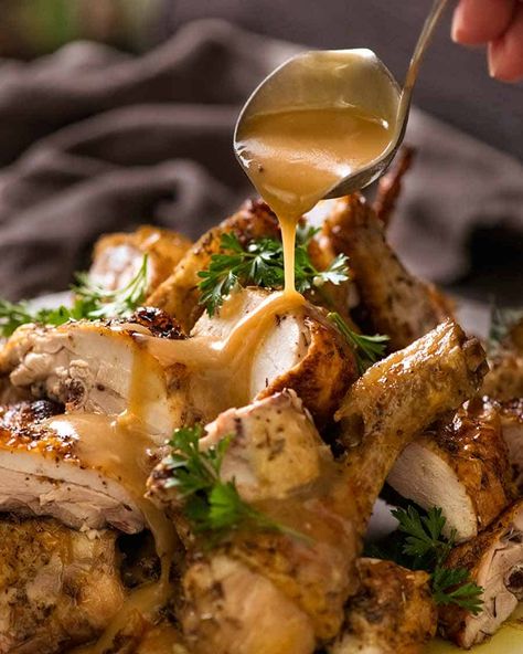 CRISPY Herb Baked Chicken with Gravy (easy roast chicken!) | RecipeTin Eats Roasted Chicken With Gravy, Roasted Chicken Gravy Recipe, Baked Chicken With Gravy, Herb Baked Chicken, Chicken With Gravy, Chicken Jus, Tin Eats, Roast Dinners, Chicken Gravy Recipe