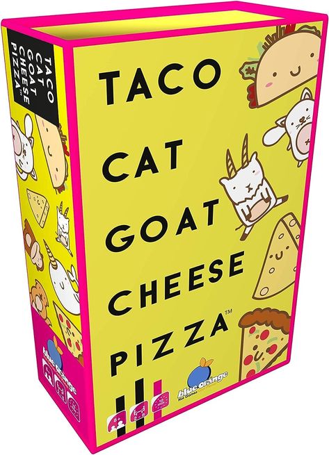 Taco Cat Goat Cheese Pizza! Keep these five crazy words in mind! A power-packed, quick and simple party game This is a high octane, rowdy cousin to Slap Jack and Irish Snap, and it's filled to the brim with hand slapping mayhem! This addictive game is as unique as its name! For 2 to 8 players | 10 minutes play time | Ages 8 and up Taco Cat Goat Cheese Pizza, Pizza Card, Goat Cheese Pizza, Pizza Games, Orange Games, Taco Pizza, Taco Cat, Action Cards, Weird Words