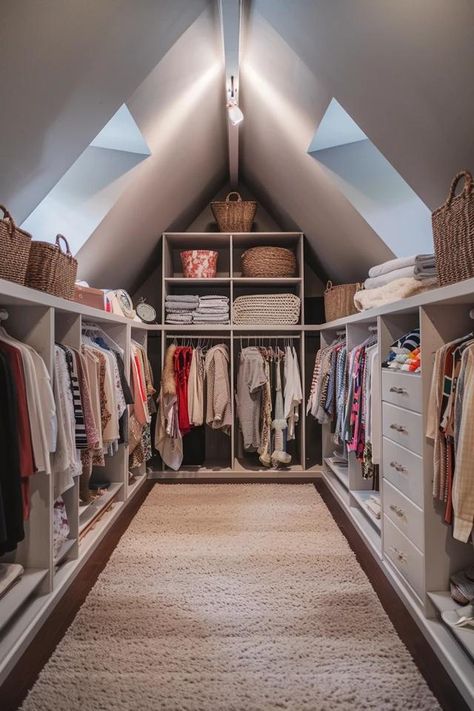 Transform Your Attic with Chic Closet Ideas Closet Staircase To Attic, Closet Behind Bed Attic, A Frame Walk In Closet, Closet Design Slanted Ceiling, Storage Ideas Attic, Attic Room Closet Sloped Ceiling, Loft Eaves Storage Ideas, Finished Attic Closet, Sloped Wall Closet