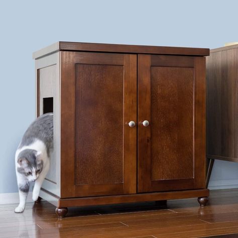 Litter Box Enclosure: Refined Cat Litter Box Deluxe | The Refined Feline Cat Litter Cabinet, Litter Box Covers, Cat Litter Box Enclosure, Litter Box Enclosure, Litter Box Furniture, Cat Litter Box Furniture, Mahogany Brown, Litter Tray, Wood Cat