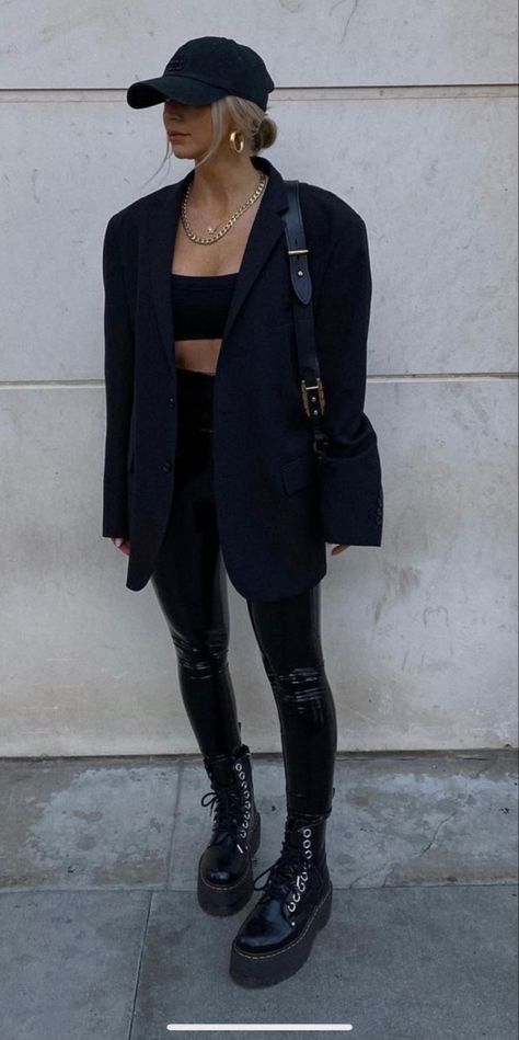 Edgy Black Jeans Outfit, Classy But Fun Outfits, Vintage Oversized Leather Jacket Outfits, House Music Show Outfit, Long Leather Shorts Outfit, Leather Jacket And Doc Martens, Car Meet Outfits For Women, Red Rocks Concert Outfit Cold, Edgy European Fashion