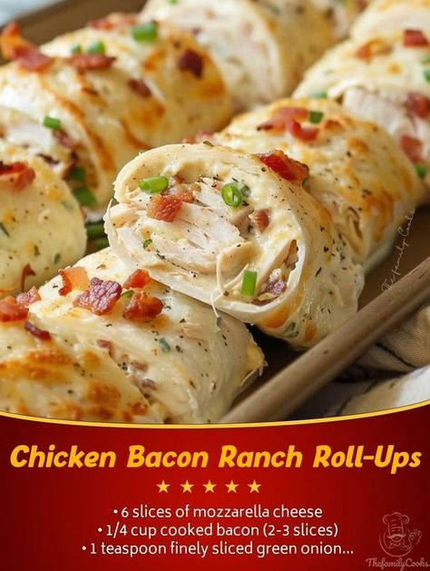 Family Cookbook Recipes | Chicken Bacon Ranch Roll-Ups | Facebook Meat Roll, Carb Free Recipes, Chicken Bacon Ranch, Grandmas Recipes, Bacon Ranch, Green Onion, 7 Minutes, Roll Ups, Chicken Dishes Recipes