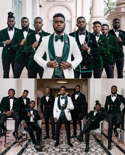 Groom Attire Black, Green Wedding Suit, Bride Reception Dresses, Groom And Groomsmen Suits, Romantic Theme Wedding, Wedding Tux, Velvet Tuxedo, Groom Photoshoot, Green Themed Wedding