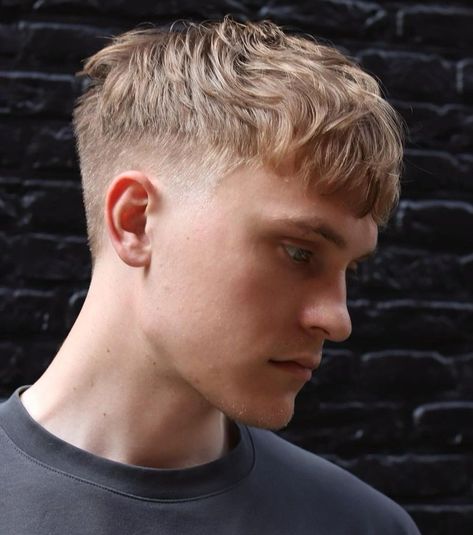 Blonde Textured Taper Fade Men’s Blonde Short Hair, Blonde Fade Men, Taper Fade Haircut Blonde Men, Blond Haircuts Men, Men Haircut Taper Fade, Messy French Crop Haircut Men, Straight Hairstyles Men Blonde, Low Taper Blonde Hair, Men’s Hair Blonde