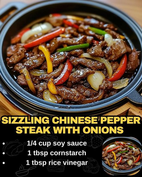 Sizzling Chinese Pepper Steak with Onions Sizzling Chinese Pepper Steak, Sizzling Chinese Pepper Steak And Onions, Sizzling Chinese Pepper Steak With Onions, Pepper Steak Recipe Chinese, Chinese Pepper Steak With Onions, Steak Chinese Recipes, Steak Stir Fry Sauce, Chinese Steak Recipes, Steak And Peppers Recipe