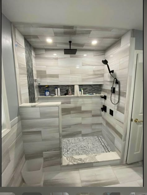 L Shaped Shower Walk In, Small L Shaped Bathroom, L Shaped Bathroom Layout, Walk In Shower With Wall No Door, Walk In Shower With Half Wall, Master Shower Remodel, Sanctuary Bathroom, Matt Bathroom, Bathtub Luxury