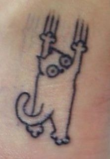 Funny Animal Tattoos Small, Cat Hanging Tattoo, Mini Tattoos Cat, Simple Bug Tattoo, Cat Tattoo Minimalist, Small Cat Tattoo Ideas, Silly Little Tattoos, Simple Cat Tattoos, Cat Henna