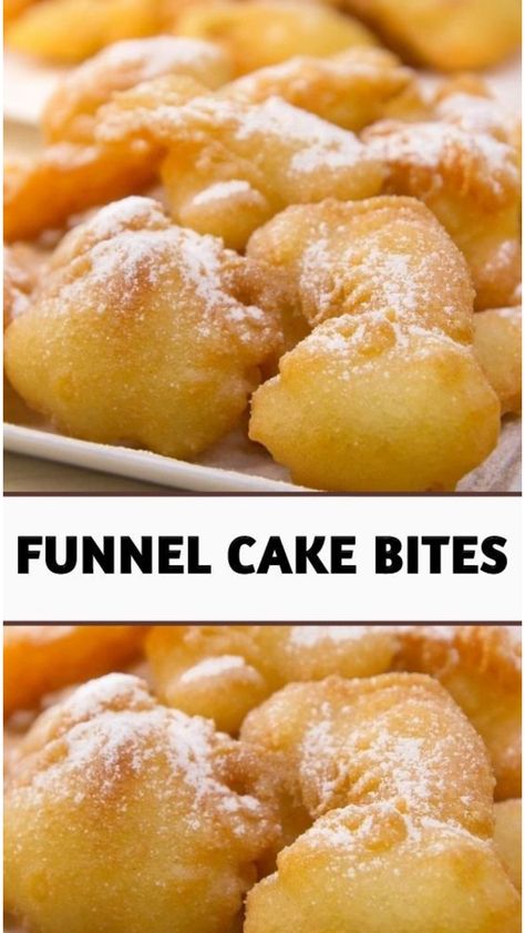 Woofums Recipes, Funnel Cakes Recipe Easy, Funnel Cake Bites Easy, Fun Baking With Kids, Small Dessert Recipes, Fun Desserts For Kids, Funnel Cake Bites Recipe, Cake Bites Recipe, Carnival Eats