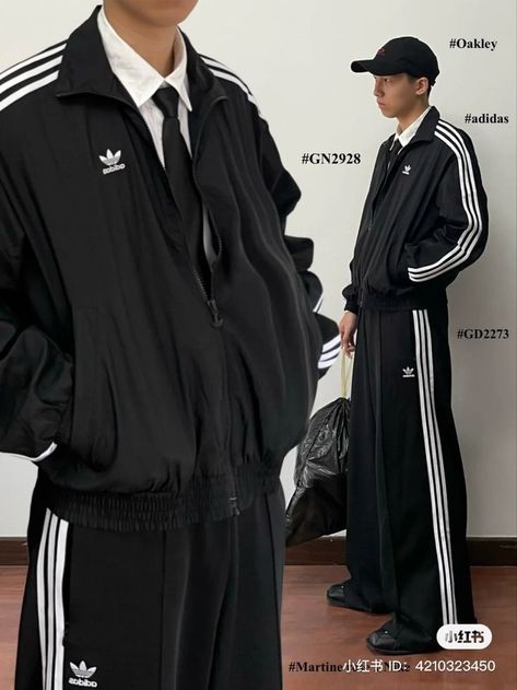 Adidas Sweatpants Outfit Men, Adidas Tracksuit Aesthetic, Japanese Hip Hop Fashion, Adidas Track Suit Outfit, Adidas Outfit Aesthetic, Tracksuit Outfit Mens, Adidas Jacket Outfit, Tracksuits Outfits, Adidas Fit