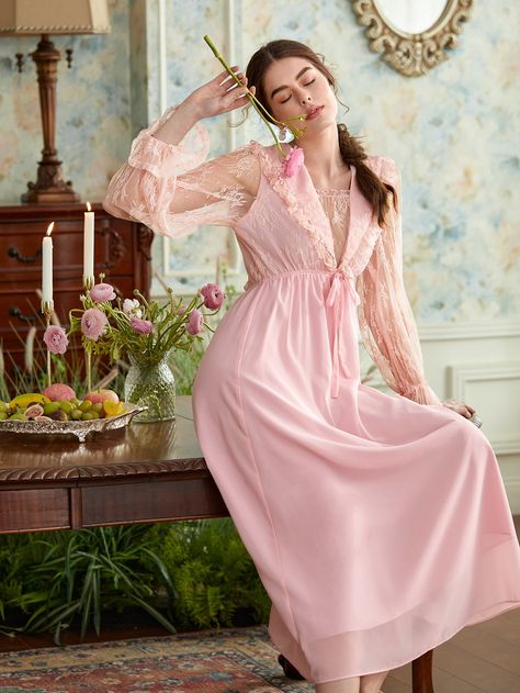 Baby Pink Royal  Long Sleeve Polyester Plain Nightgowns Embellished Non-Stretch  Women Sleep & Lounge Night Gowns, Blazer Jackets For Women, Lace Tie, Night Dress For Women, Sleep Wear, Women's Nightgowns, Flounce Sleeve, Nightgowns, Stunning Dresses