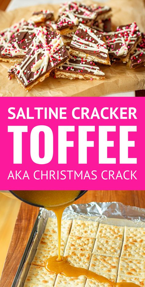 Saltine Cracker Toffee (AKA Christmas Crack or sometimes Crack Crackers) -- you won't believe how insanely easy this saltine cracker toffee recipe is. It makes the most delicious & versatile toffee candy ever! You can totally customize the toppings and/or type of crackers to make this recipe your own. It's typically a Christmas candy staple, but I've dressed it up for Valentine's Day! #saltinecrackertoffee #saltinetoffee #christmascrackers #valentinesday #valentinesdaytreats #valentinesdayfood Saltine Cracker Toffee, Saltine Cracker, Saltine Toffee, Valentines Recipes Desserts, Cracker Toffee, Toffee Candy, Toffee Recipe, Toffee Sauce, Christmas Cracker