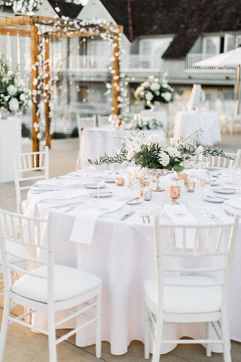 Crisp White Seaside Wedding at L'Auberge Del Mar | Hey Wedding Lady White Table And Chairs Wedding, White Chairs Wedding, Thousand Paper Cranes, Wedding Reception Chairs, Chairs Wedding, White Round Tables, Dinner Reception, Pronovias Bridal, Couture Wedding Dress