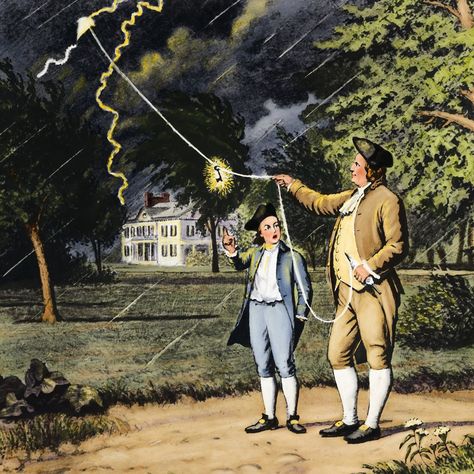 #ThisWeekinHistory 1752, Benjamin Franklin flies a kite during a thunderstorm and collects a charge in a Leyden jar when the kite is struck… Benjamin Franklin Electricity, Philadelphia Experiment, Go Fly A Kite, Ben Franklin, Benjamin Franklin, Painting Art Projects, Back In The Day, All Pictures, Philadelphia