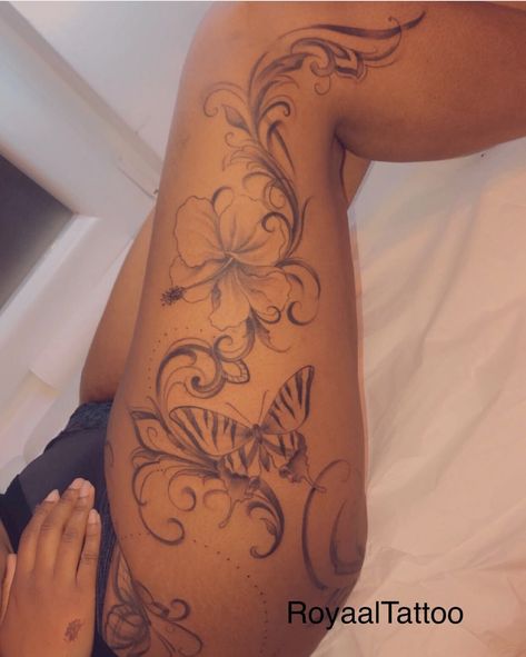 Leg And Thigh Tattoos, Unique Thigh Tattoos Women, Side Leg Tattoos Women Thighs, Colored Tattoos On Brown Skin, Nj Tattoo, Baddie Thigh Tattoos, Bandage Tattoo, Guide Tattoo, Lace Thigh Tattoos