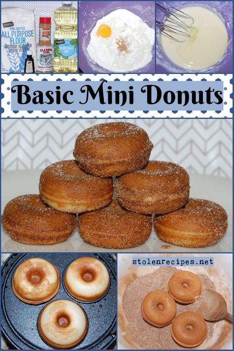 These delicious donuts are baked in a mini donut maker. Flour, sugar and baking powder are whisked together in a bowl. Then an egg, milk and vanilla are mixed in with an electric mixer. Next vegetable oil is beaten in for an additional minute. The batter is poured into the mold and baked into golden. While the donuts are still hot, the donuts are dipped in a mixture of cinnamon and sugar. Doughnut Batter For Doughnut Maker, Easy Mini Donut Recipe For Donut Maker, Donut Batter For Donut Maker, Electric Mini Donut Maker Recipes, Donut Recipe For Mini Donut Maker, Dash Mini Donut Maker Recipes, Donut Maker Recipes Mini, Mini Doughnut Maker Recipes, Mini Donut Recipe For Donut Maker