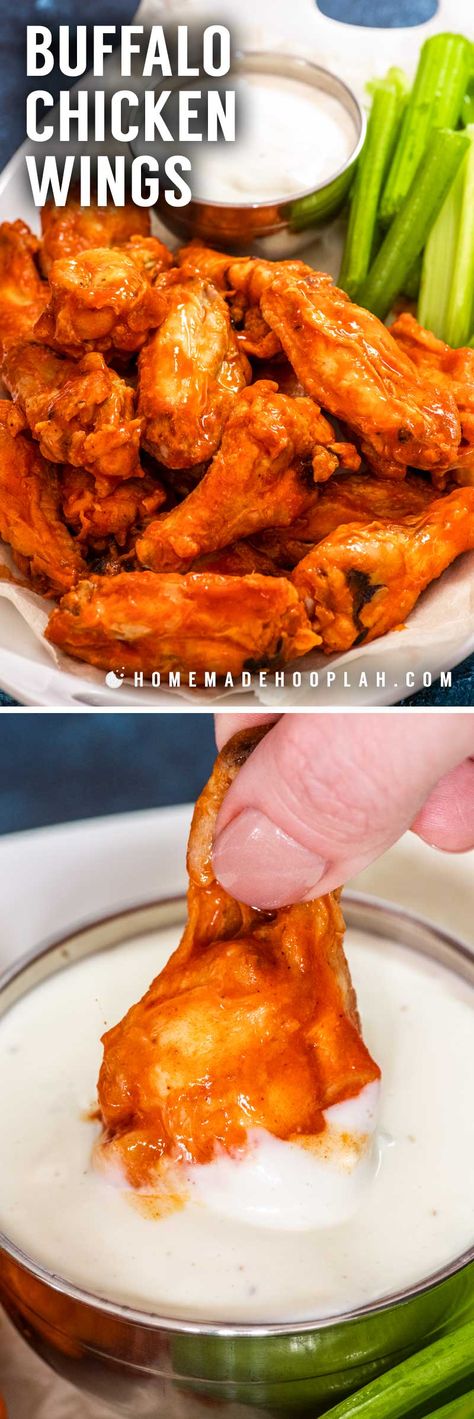 Buffalo Chicken Wings! Perfect for a party, these restaurant-style buffalo chicken wings are baked to crispy perfection (no deep frying!) and then coated in spicy buffalo sauce. | HomemadeHooplah.com Spicy Buffalo Sauce, Favorite Recipes Chicken, Buffalo Chicken Wings, Walnut Recipes, Low Carb Chicken Recipes, Wings Recipe, Baked Chicken Wings, Deep Frying, Hot Wings