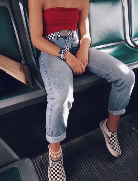 Checkerboard Outfit, Vans Slip On Outfit, Trendy Outfits For Women, Rosa Outfit, Vsco Outfits, Vestiti Edgy, Mode Grunge, Teenage Outfits, Look Retro