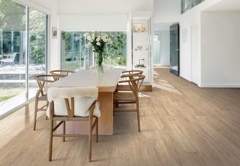 Remodel your dream dining room with our Epworth Pergo 7.5" Waterproof Laminate in Reverence Oak. This wood-look laminate is a beautiful blond wood stain hardwood look floor that features antimicrobial properties built in to the finish and a premium attached foam pad for thermal insulation and noise control, this stunning collection starts at $3.79 SQ FT. Pergo Extreme, Pergo Flooring, Oak Laminate Flooring, Vinyl Floors, Luxury Appliances, Sol Pvc, Oak Laminate, Unique Flooring, Vinyl Floor