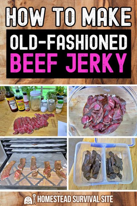 Old-fashioned beef jerky is a delicious and long-lasting survival food. Learn how to make your own homemade beef jerky with this recipe. Beef Jerky Recipe Dehydrator, Beef Jerky Marinade, Jerky Recipes Dehydrator, Oven Jerky, Jerkey Recipes, Jerky Marinade, Best Beef Jerky, Homemade Beef Jerky, Homestead Style