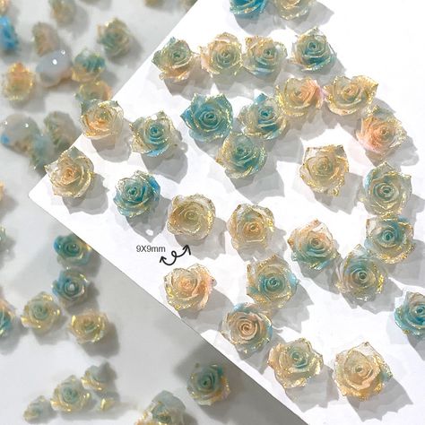 50Pcs Golden Flower Nail Charms Auroral Nails Green Pearl Glitter Rose Shaped 3D Nail Art Flower Nail Charms, Nail Diamond, Eastern Culture, Rose Soft, Glitter Manicure, Dunhuang, Nail Effects, Diamond Decorations, Nails Green