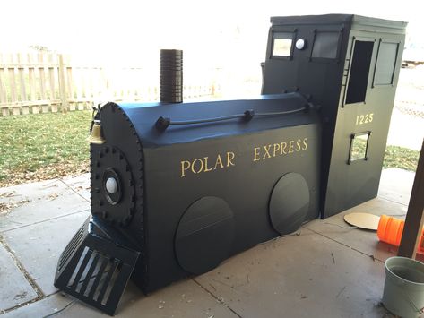 Polar express train from fridge boxes!! Card board train Cardboard Christmas Train Diy, Train Out Of Cardboard Boxes, Polar Express Christmas Cards, Train Cardboard Box Diy, Polar Express Box Train Ideas, Polar Express Cardboard Train, Cardboard Train Diy For Kids, Polar Express Gift Ideas, Diy Polar Express Train Cardboard Boxes