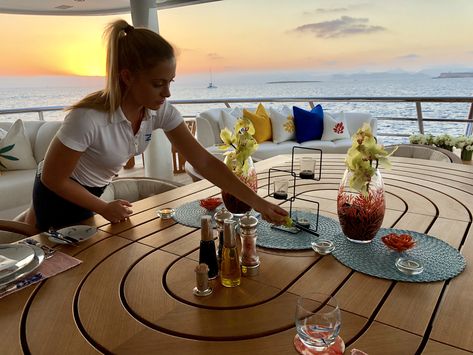 Yachtie Aesthetic, Working On A Yacht Aesthetic, Yacht Crew Aesthetic, Below Deck Aesthetic, Working On Yachts, Yacht Stewardess Aesthetic, Yacht Picture Ideas, Yachtie Life, Dinner Aesthetic Night