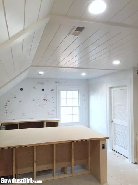 15 Cheap Ceiling Ideas That Look Expensive Plywood Plank Ceiling, Cheap Ceiling Ideas, Plywood Ceiling, Sawdust Girl, Wood Plank Ceiling, Ceiling Options, Shiplap Ceiling, Tongue And Groove Ceiling, Plank Ceiling