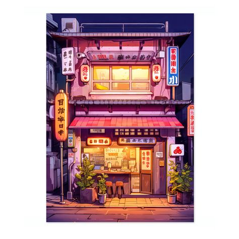 This vibrant art print titled "Pink Ramen Shop" captures the whimsical charm of a Japanese street scene. A cozy ramen restaurant is adorned with glowing signs and welcoming plants, creating an inviting atmosphere. The modern, cartoon-style illustration, rich in pink and warm hues, adds a delightful urban touch to any space. Perfect poster for those who love city life and Japanese culture. Ramen Shop Aesthetic, Japanese Ramen Shop, Pink Ramen, Modern Cartoon, Japanese Shop, Ramen Restaurant, Ramen Shop, Japanese Ramen, Japanese Street